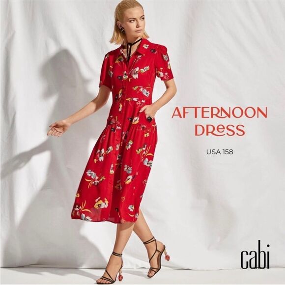 CAbi Women’s Afternoon Midi Dress 6218 Red Floral Size Small Short Sleeve - Picture 3 of 11